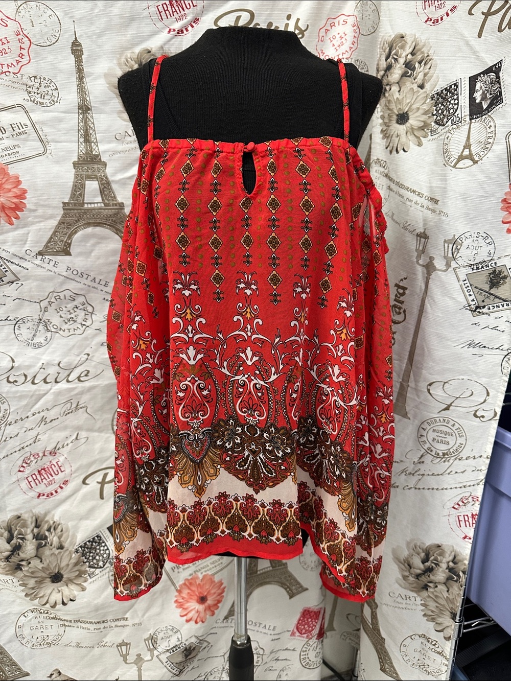 Ashley Stewart Red Paisley Border Boho off the shoulder top